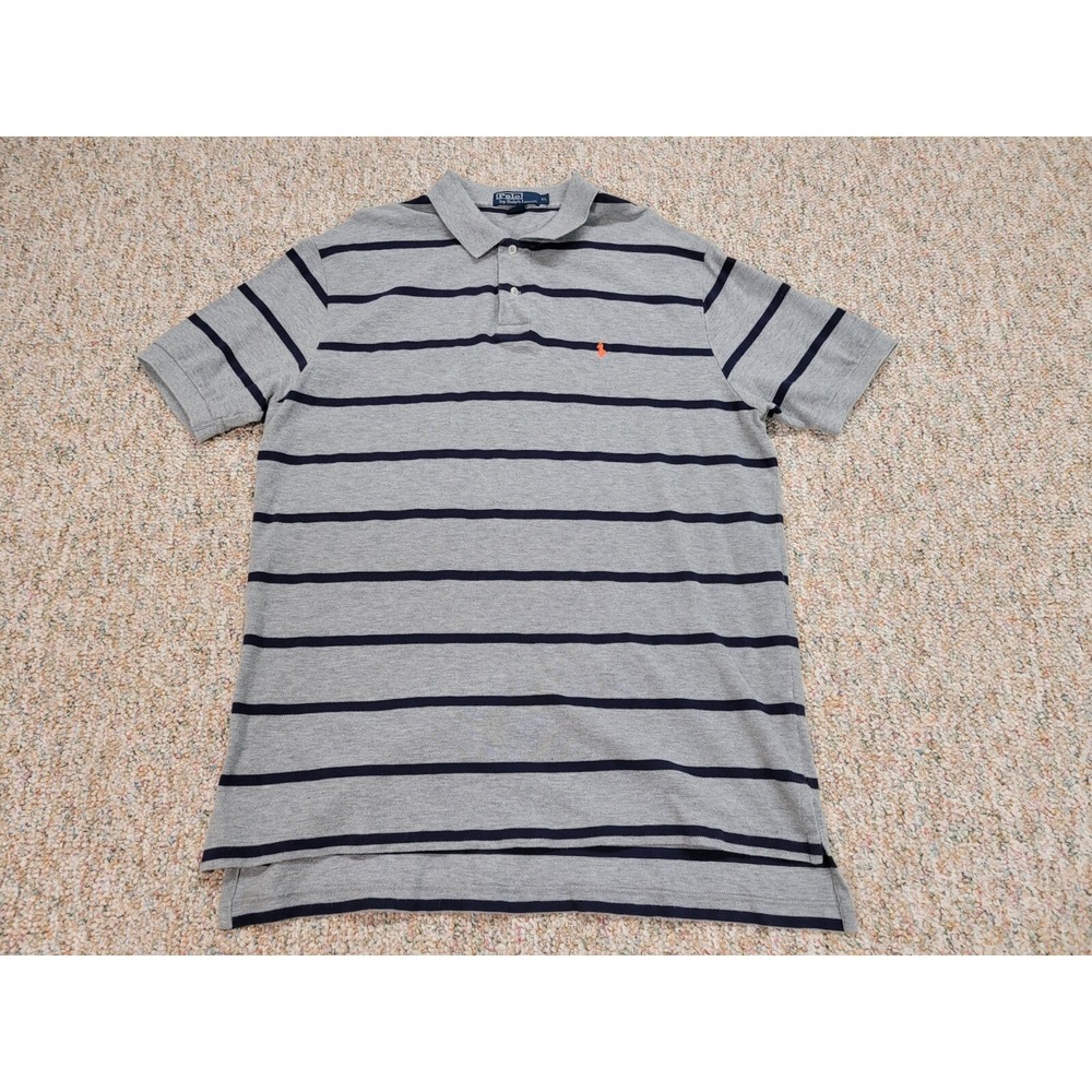 Polo Ralph Lauren Polo Shirt Men XL Gray Striped Short Sleeve Pony Casual Preppy